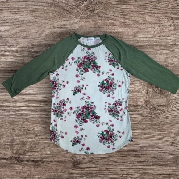 LuLaRoe 3/4 Sleeve Chic Floral Raglan Tunic - Green and Pink - Picture 8 of 9